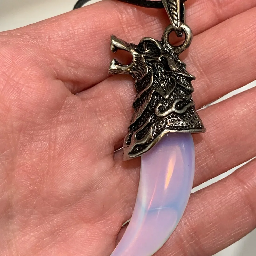Wolf Tooth Pendant | Mens Crystal Necklace | Opalite Necklace | Boyfriend Gift